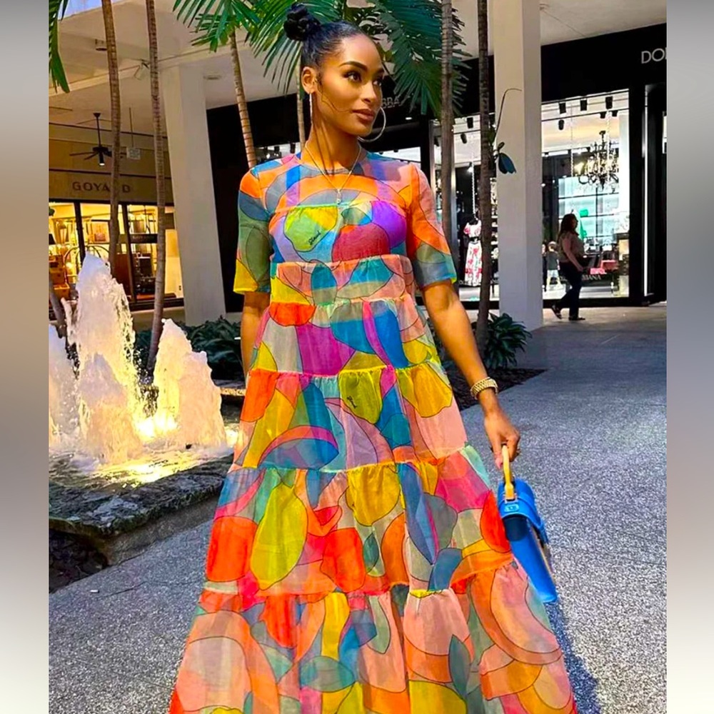 Loragal; boho, graphic print, sheer, short sleeve maxi dress